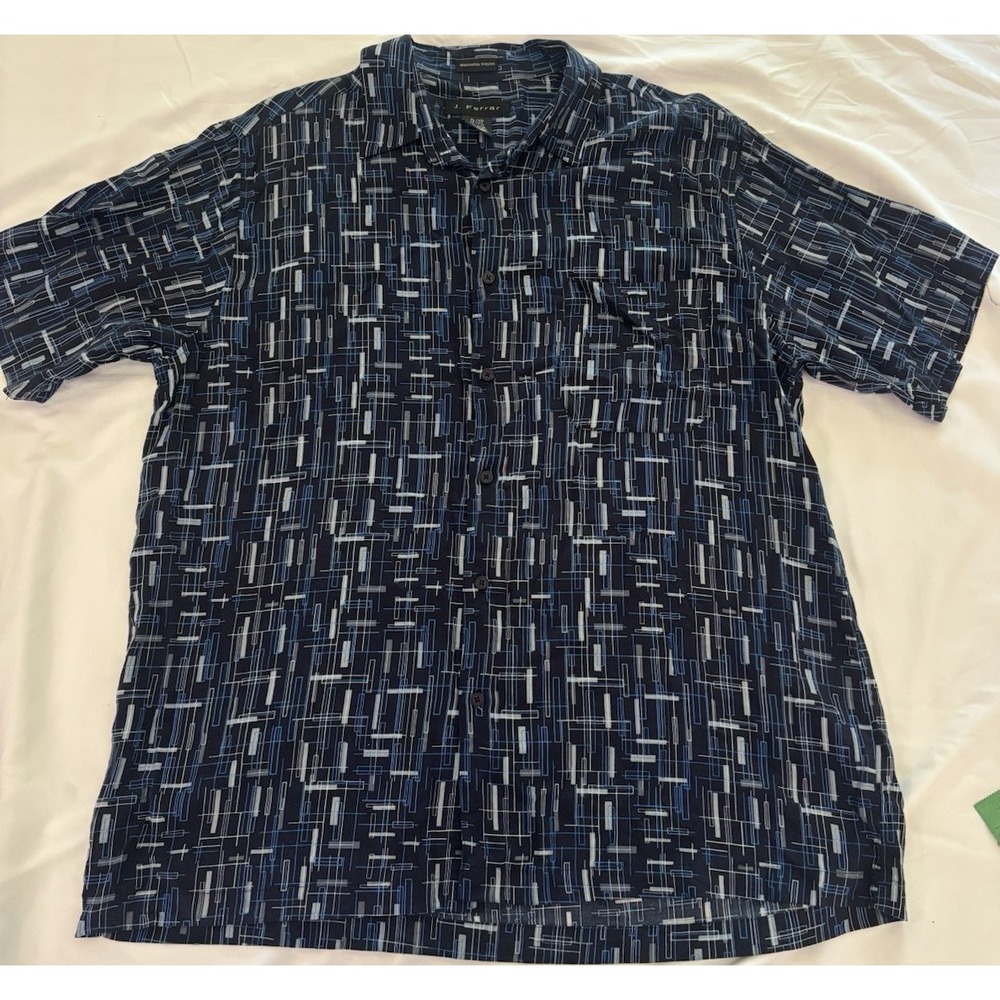 J. Ferrar XL Geometric Blue White Black Rayon Short Sleeve Button-Up Camp Shirt